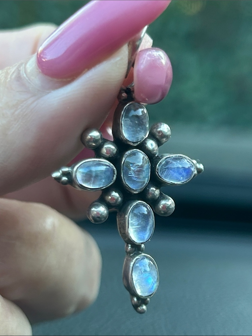 Sterling Silver Cross Pendant with Blue Moonstone